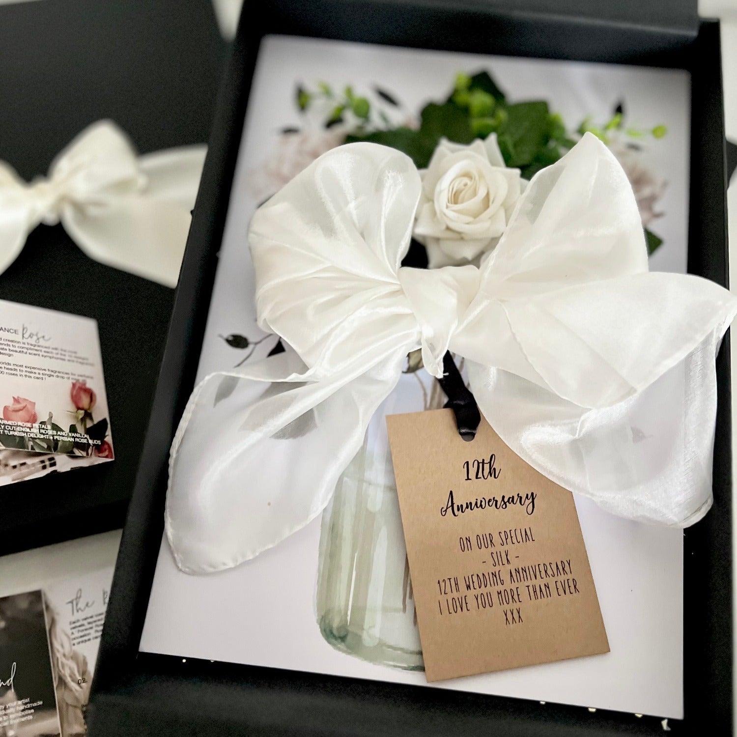 Raw silk wedding anniversary gift handmade by luxury card makers The Luxe Co with velvet roses and pure mulberry silk