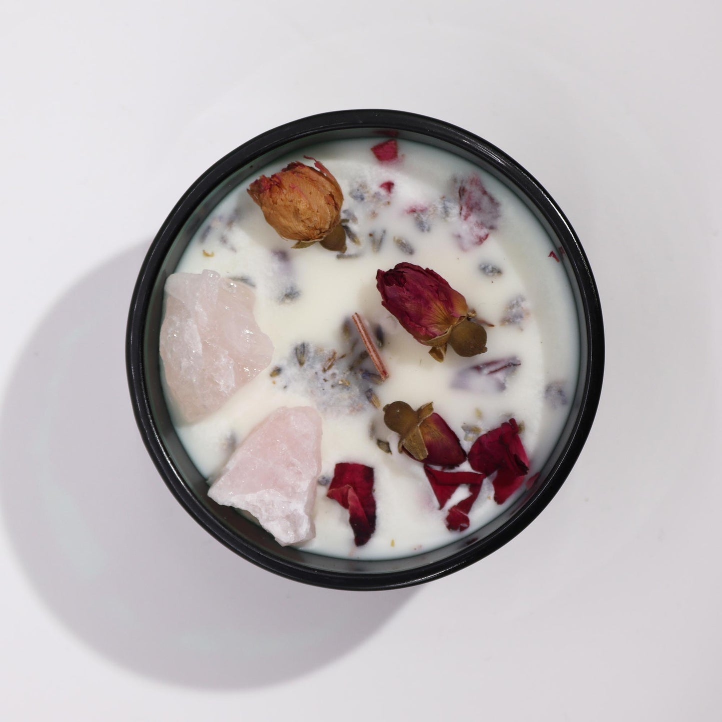 quartz and rose petals candle with wood crackle wick
