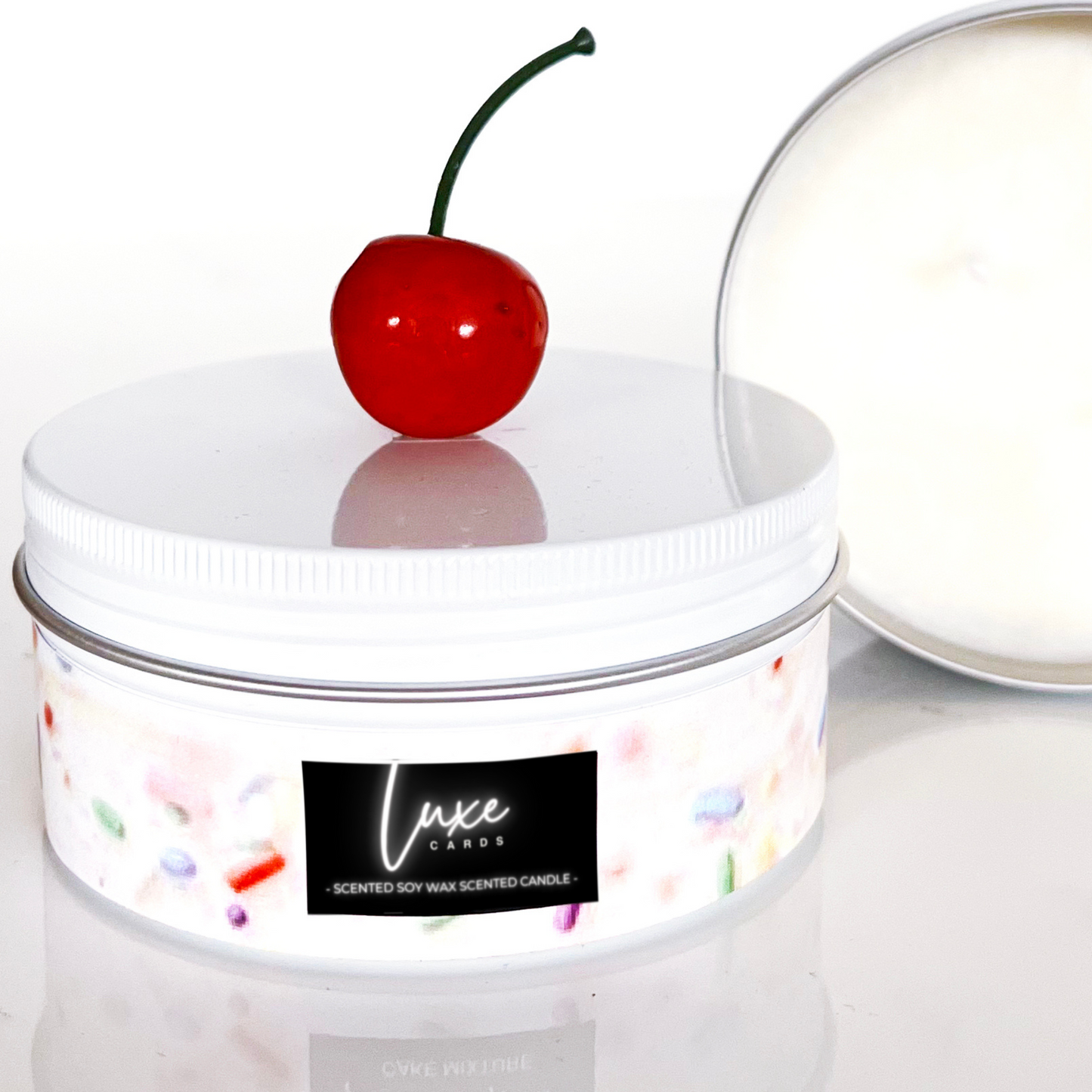 21st Birthday Candle Gift - Jar of cake scented candle with a cherry on top, featuring the Luxe brand.