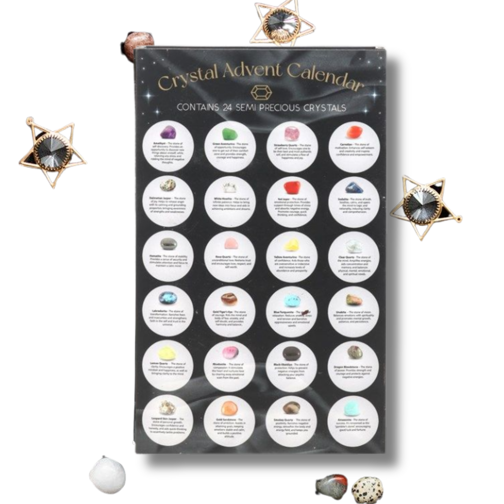 24 Semi Precious Crystals in our unusual and different crystal advent calendar with 24 compartments featuring a crystal with it's description