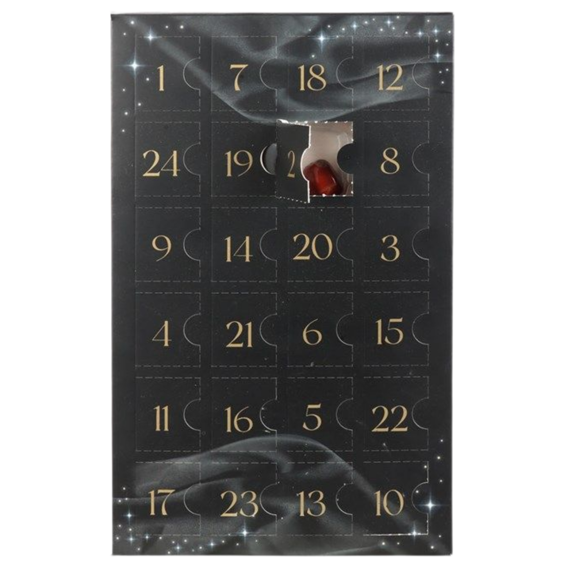 Black advent calendar with gold numbers and stars design with 24 days or crystals. This shows the red jasper behind door number 2 but what treasure will yours have?