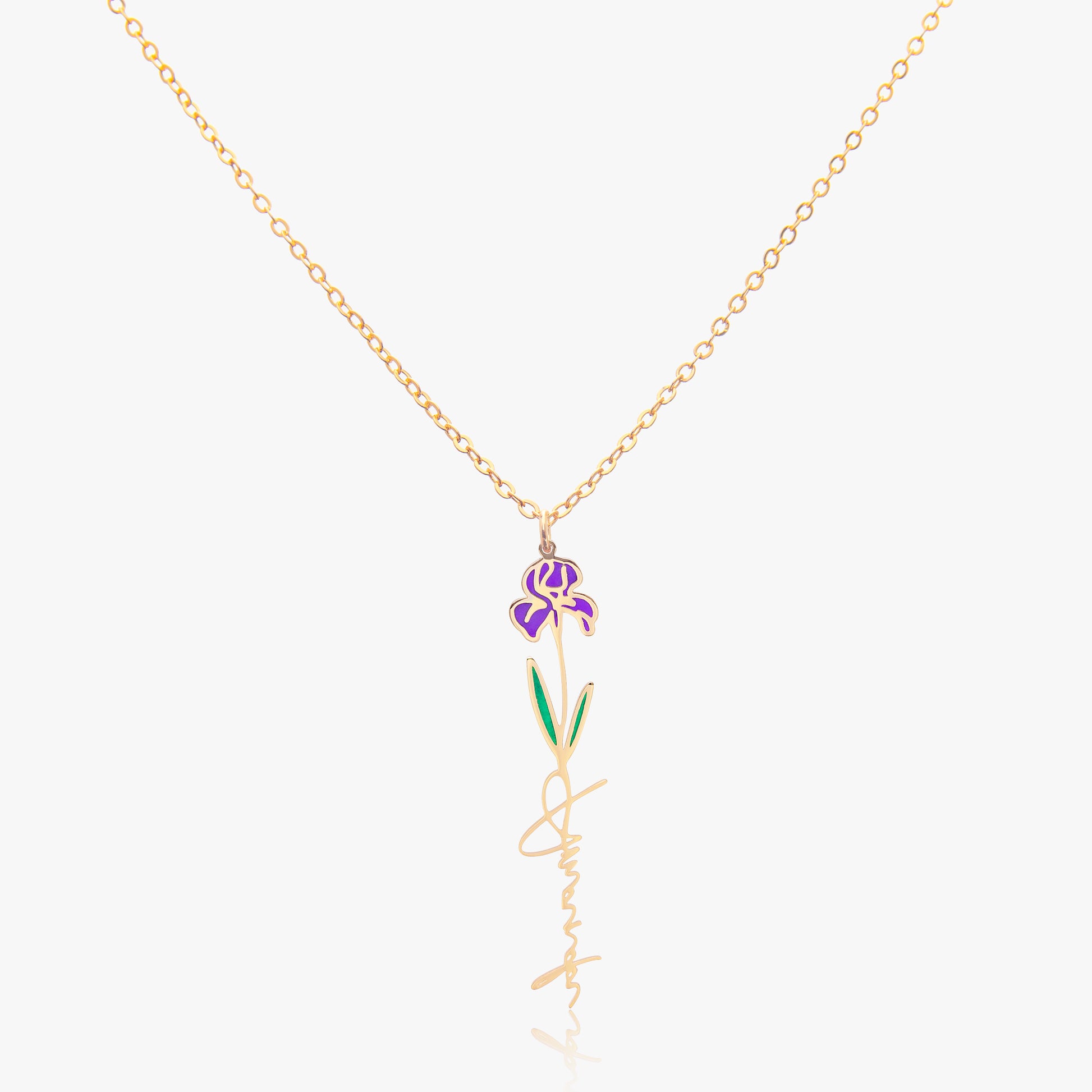 Gold necklace with a purple flower pendant on a white background