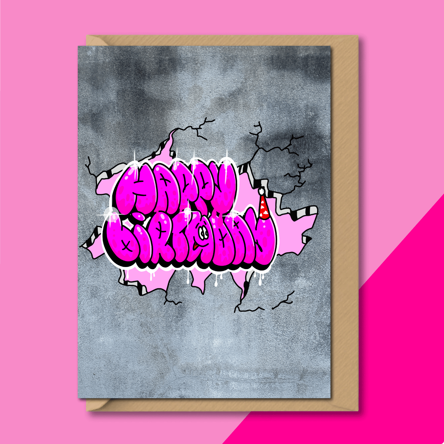 Graffiti Birthday Card – Happy Birthday Street Art Card (Pink)