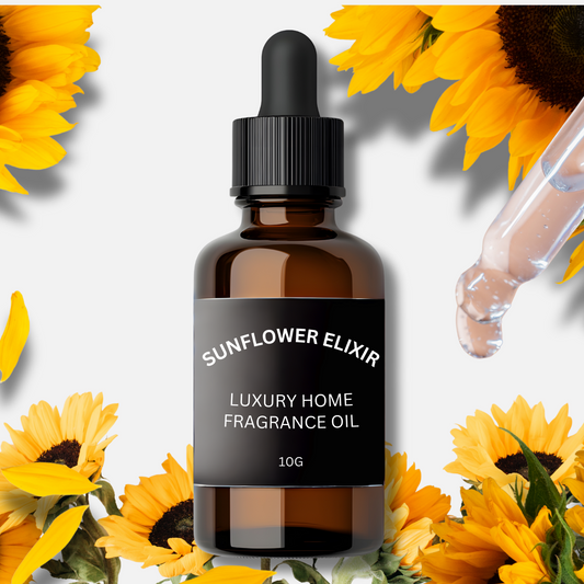 Bottle of Sunflower Elixir luxury home fragrance oil surrounded by sunflowers on a white background