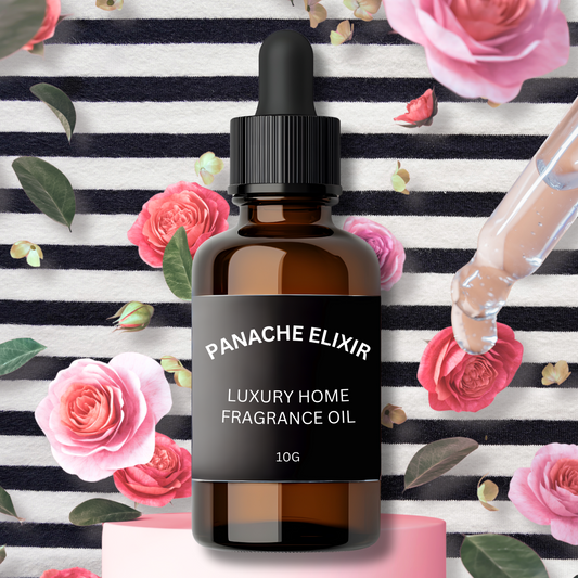Panache Elixir luxury home fragrance oil bottle with a dropper on a floral and striped background