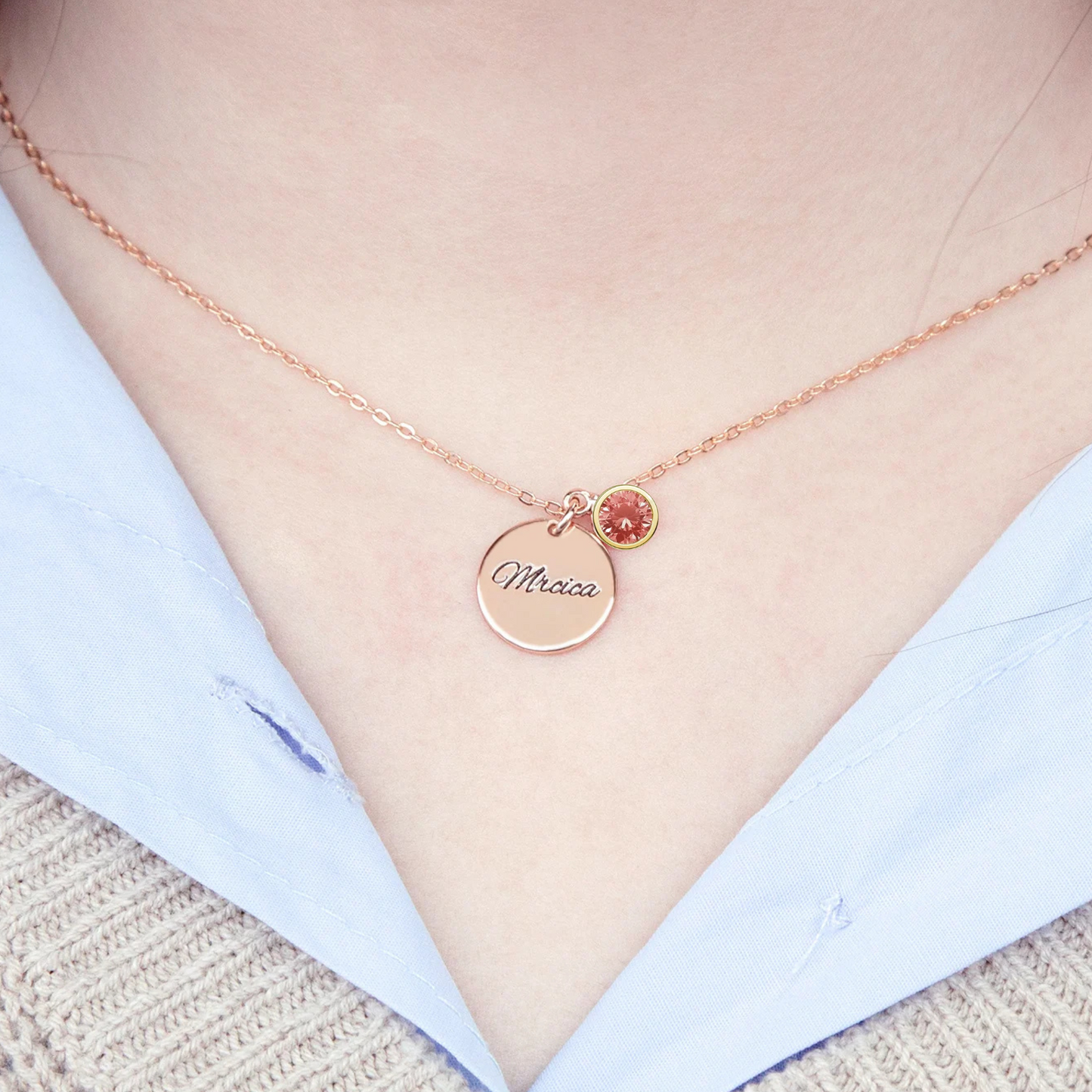 Personalised Circle Pink Tourmaline 2 Birthstone Necklace (925 Sterling Silver)