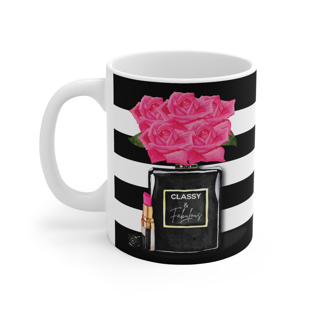 Mug with black and white striped design, pink roses, and 'Classy & Fabulous' text.