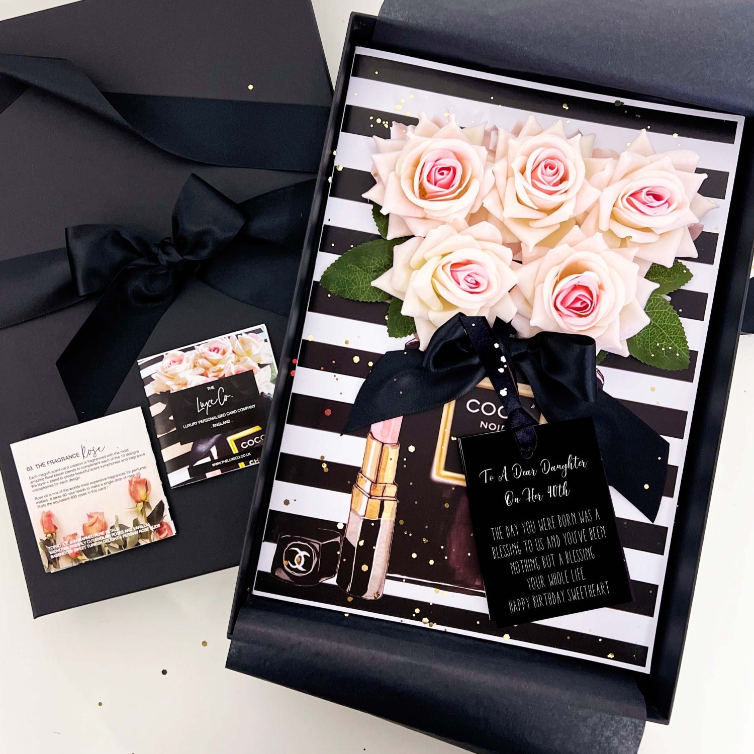 Black stripe Birthday card handmade with 5 velvet blush roses that smell just like the real thing. For a special Daughter on her 40th birthday