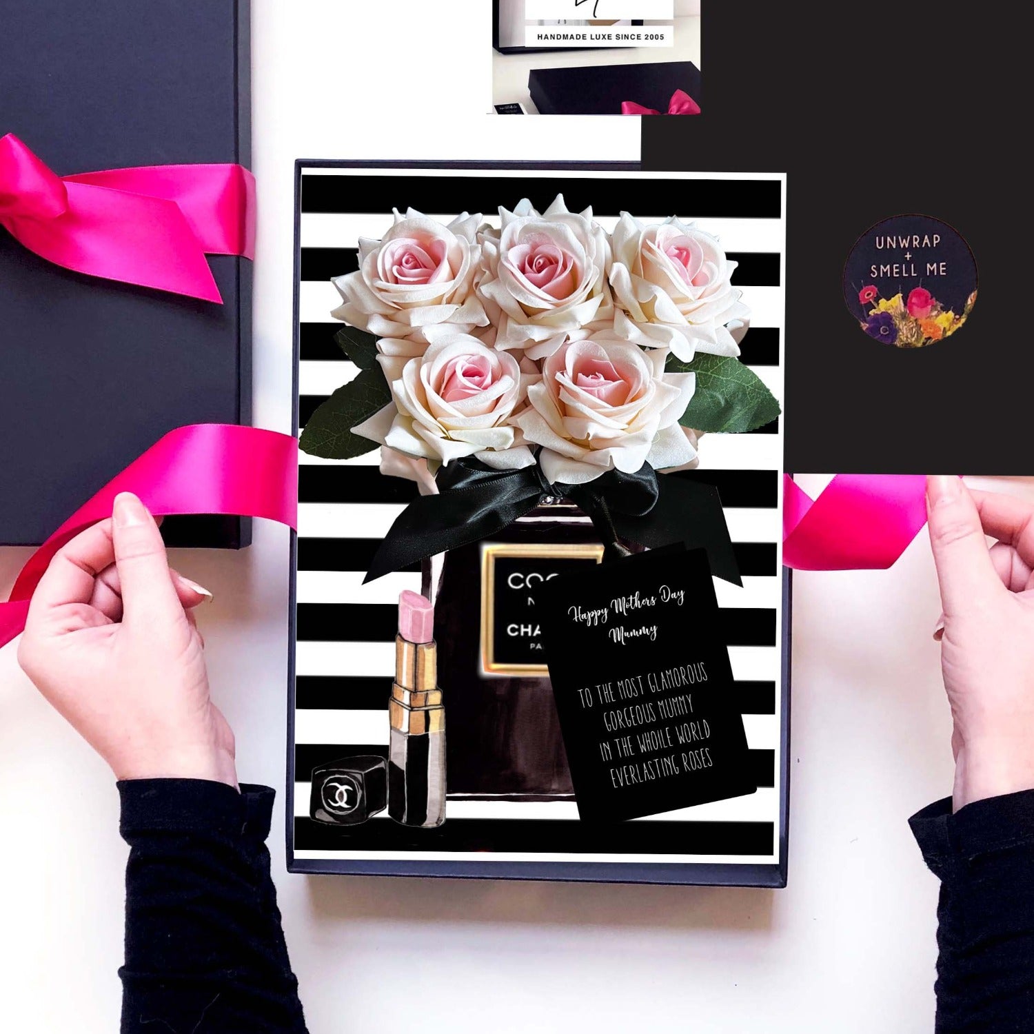 Designer Panache Luxury Perfume Bottle + Flowers scented 40th Card with 5 blush pink everlasting velvet roses perfect for a daughter