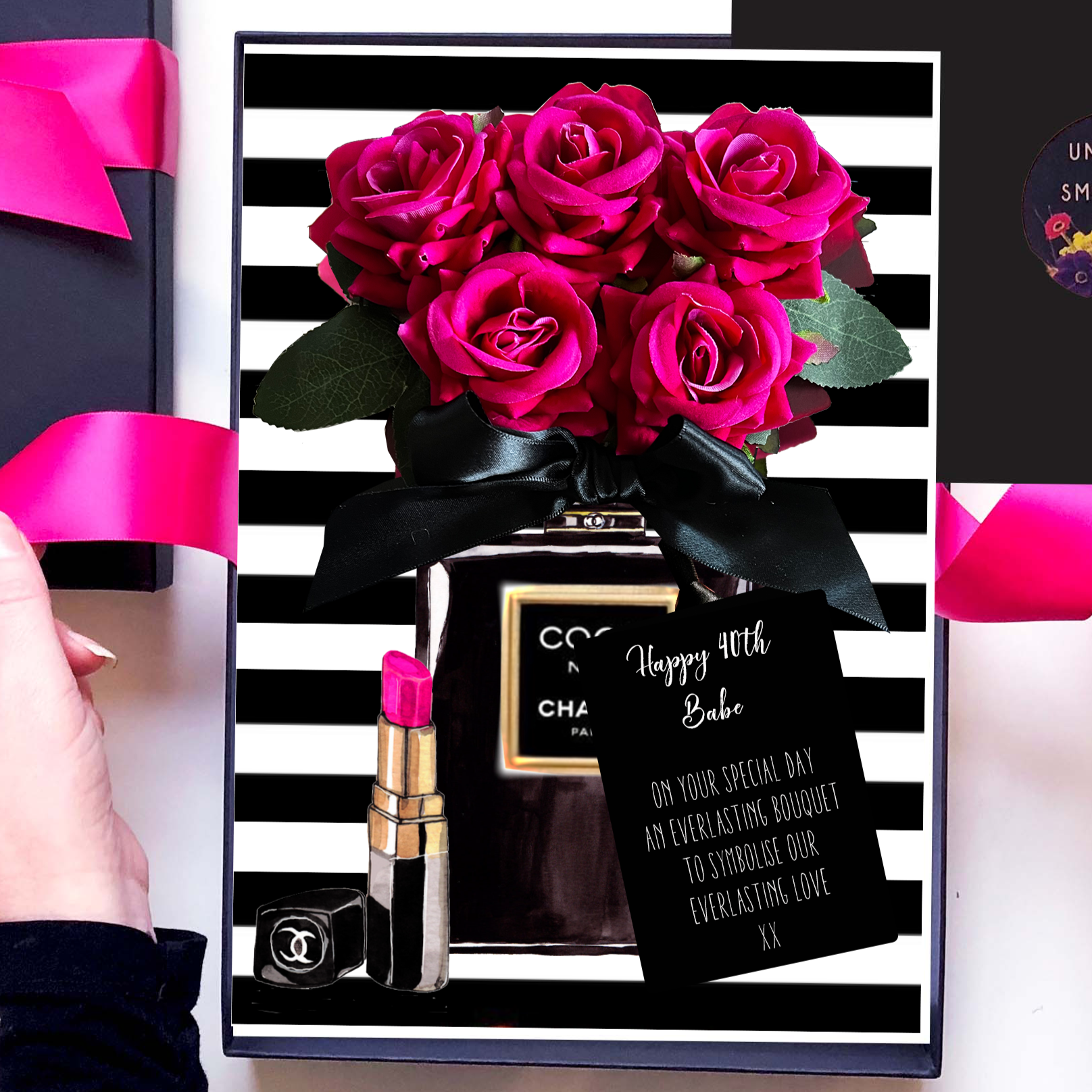 Scented card for 40th birthday with hot pink roses