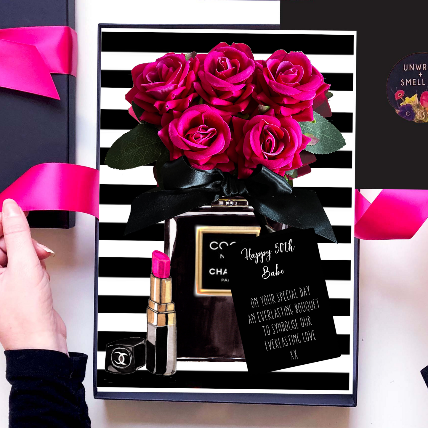 Scented card for 50th birthday with 5 hot pink roses