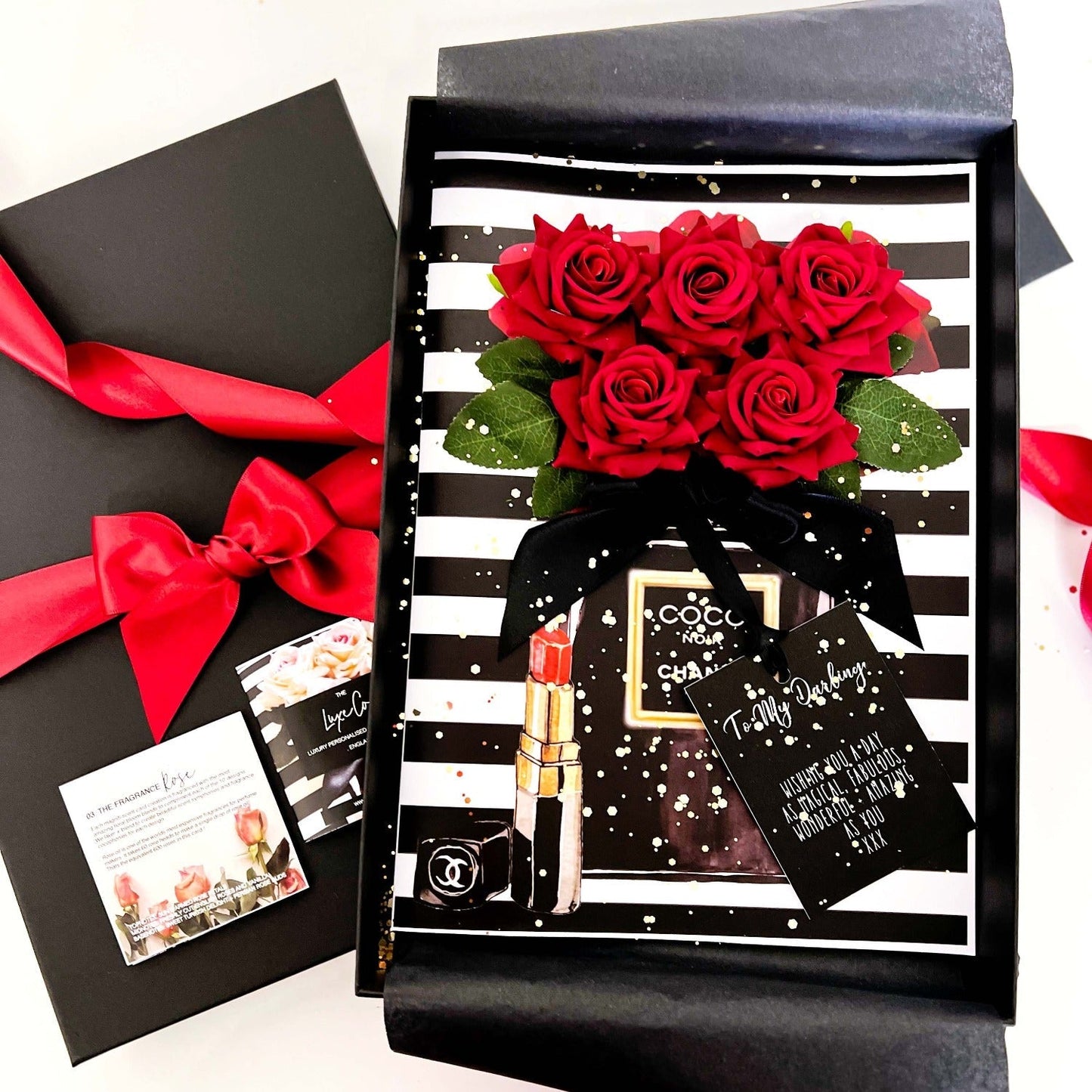 Red Rose Panache Designer Wife Valentines Card in Box with 5 handmade red velvet rose that smell amazing
