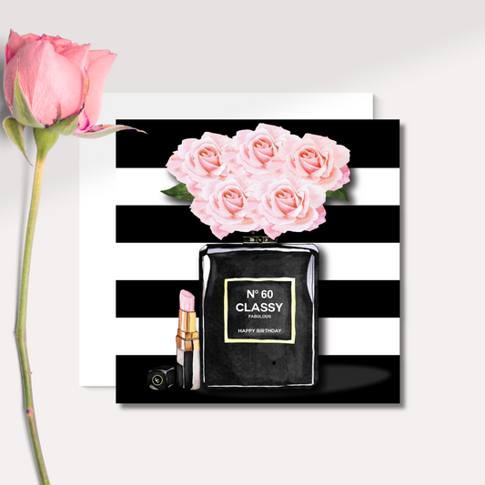 Black stripy 60th birthday card with perfume bottle with pink roses and lipstick on a black and white striped background