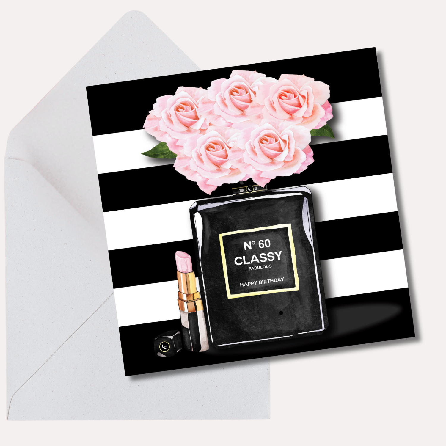 No.60 Fabulous + Classy Panache 60th Birthday Greetings Card Greeting card with black and white striped background, pink roses, and a perfume bottle design.