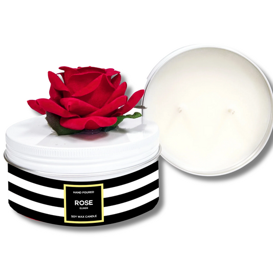 Panache Red Rose Soy Wax Candle - Scented Rose Fragranced Candle with a red rose on top and a black and white striped label