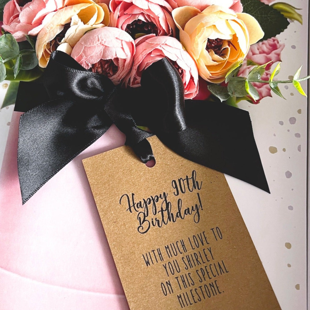 Handmade 90th birthday card for gran grandma grandmother with silk peony's scented with english peonies | Luxury greetings cards by The Luxe Co