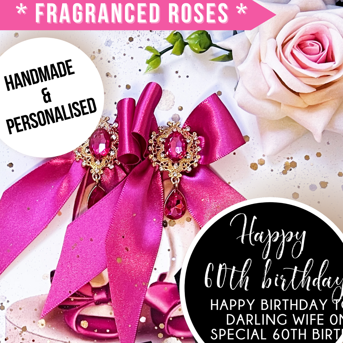 Fragranced 60th birthday roses card with a pink heel shoes, large pink bows, crystals and decorative elements on a white background.