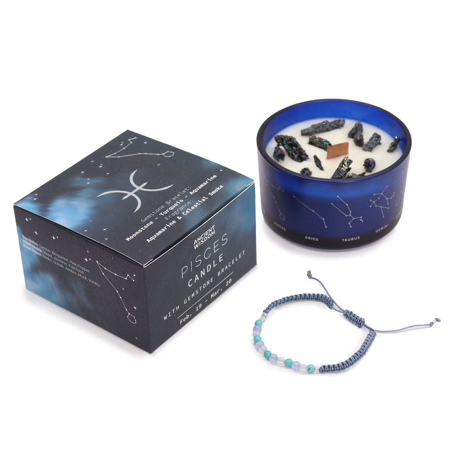 Zodiac Candle with Gemstone Bracelet Gift - choose your starsign
