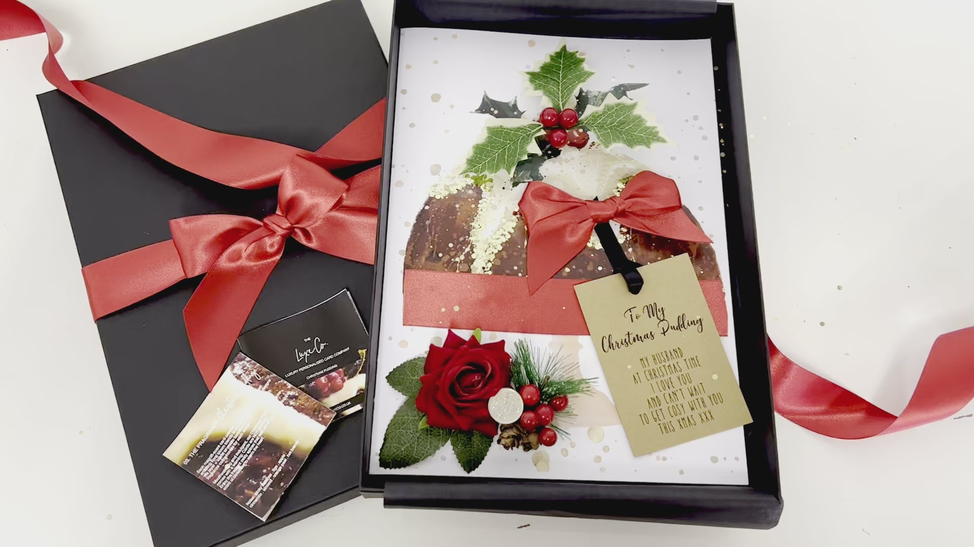 Video showcasing the luxury scented pudding christmas card design. Gift Boxed