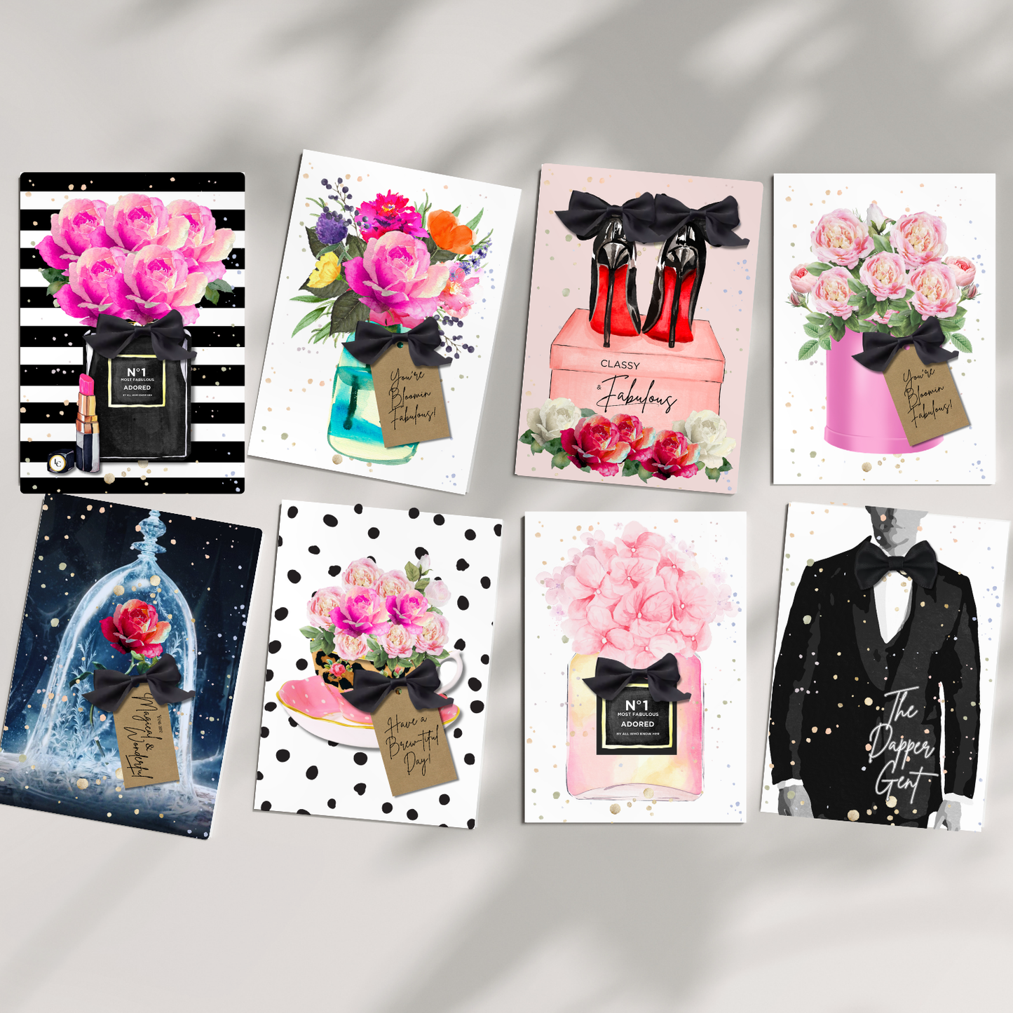 Our Collection of decorative scented cards with floral and fashion-themed designs handmade with silky bow.
