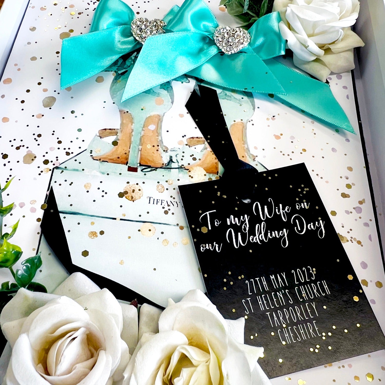 Tiffany Personalised Scented Wedding Card with Crystal Bling hearts