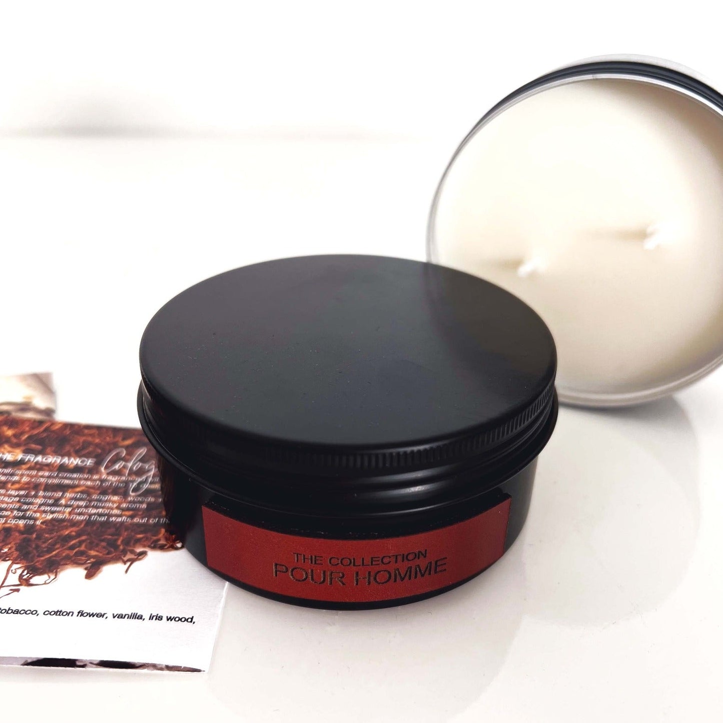 Mandle Pour Homme 50th Anniversary Candle for Husband - black tin with lid scented cologne man candle to match the dapper gent card