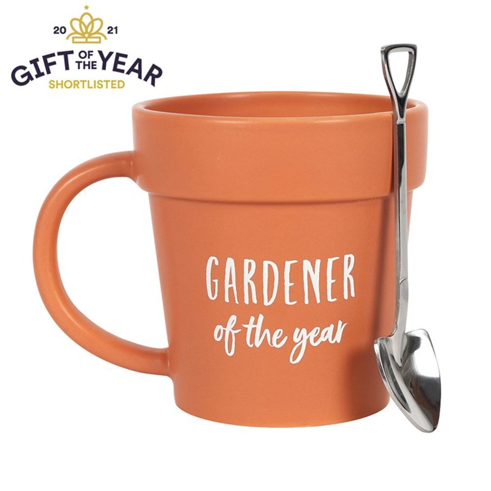 Gardeners Mug - Terracotta plant pot up with shovel spoon