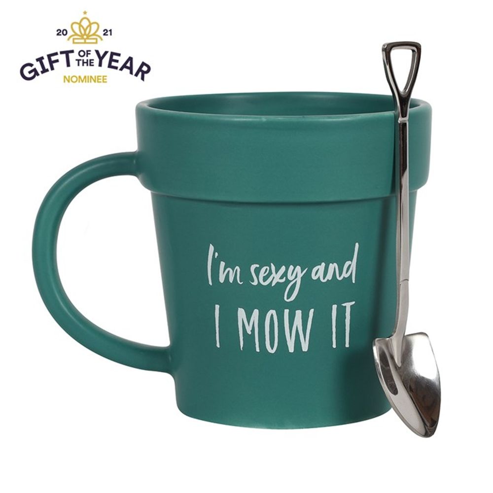Green plant pot mug with shovel spoon gift for gardener