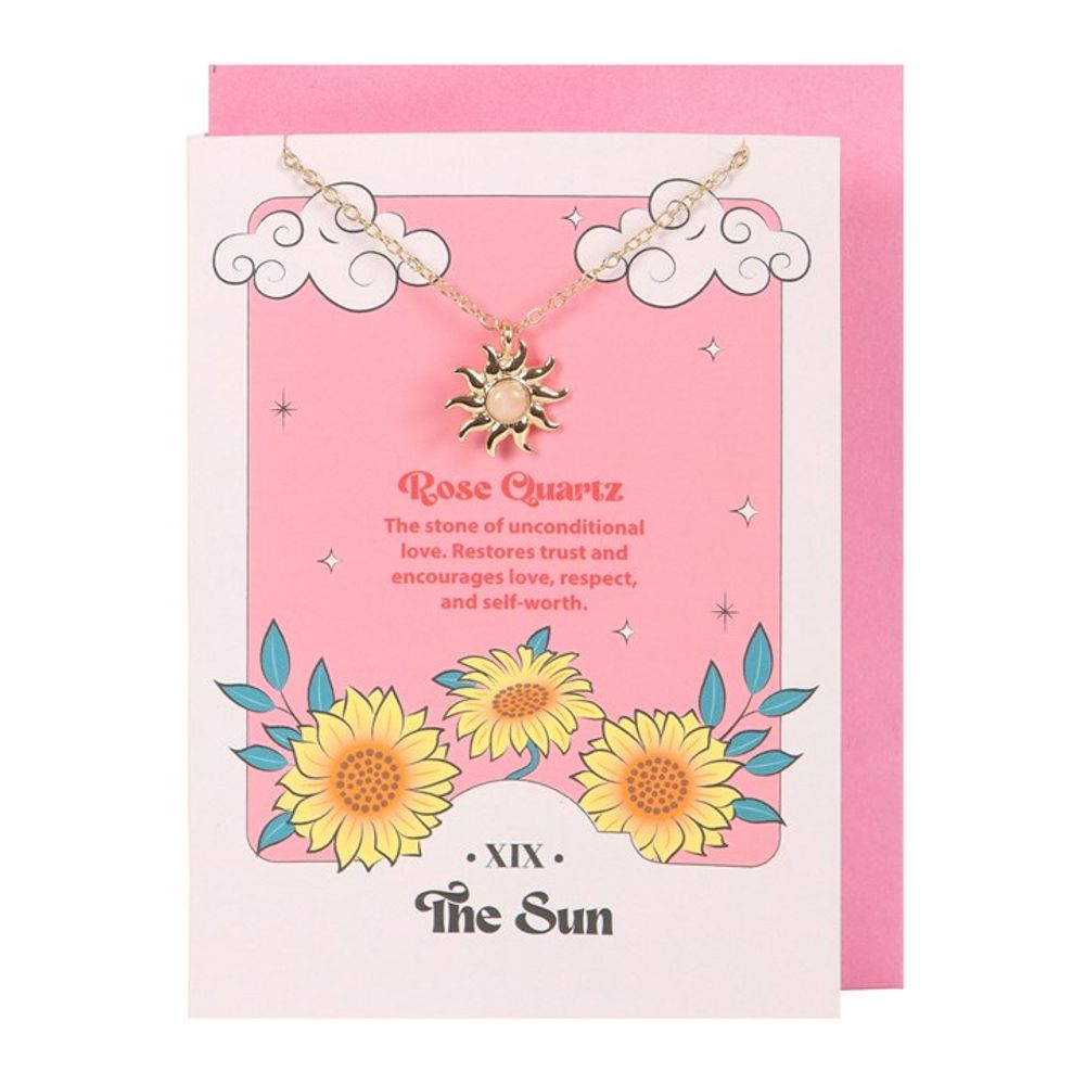 Tarjeta de collar de cuarzo rosa celestial del sol
