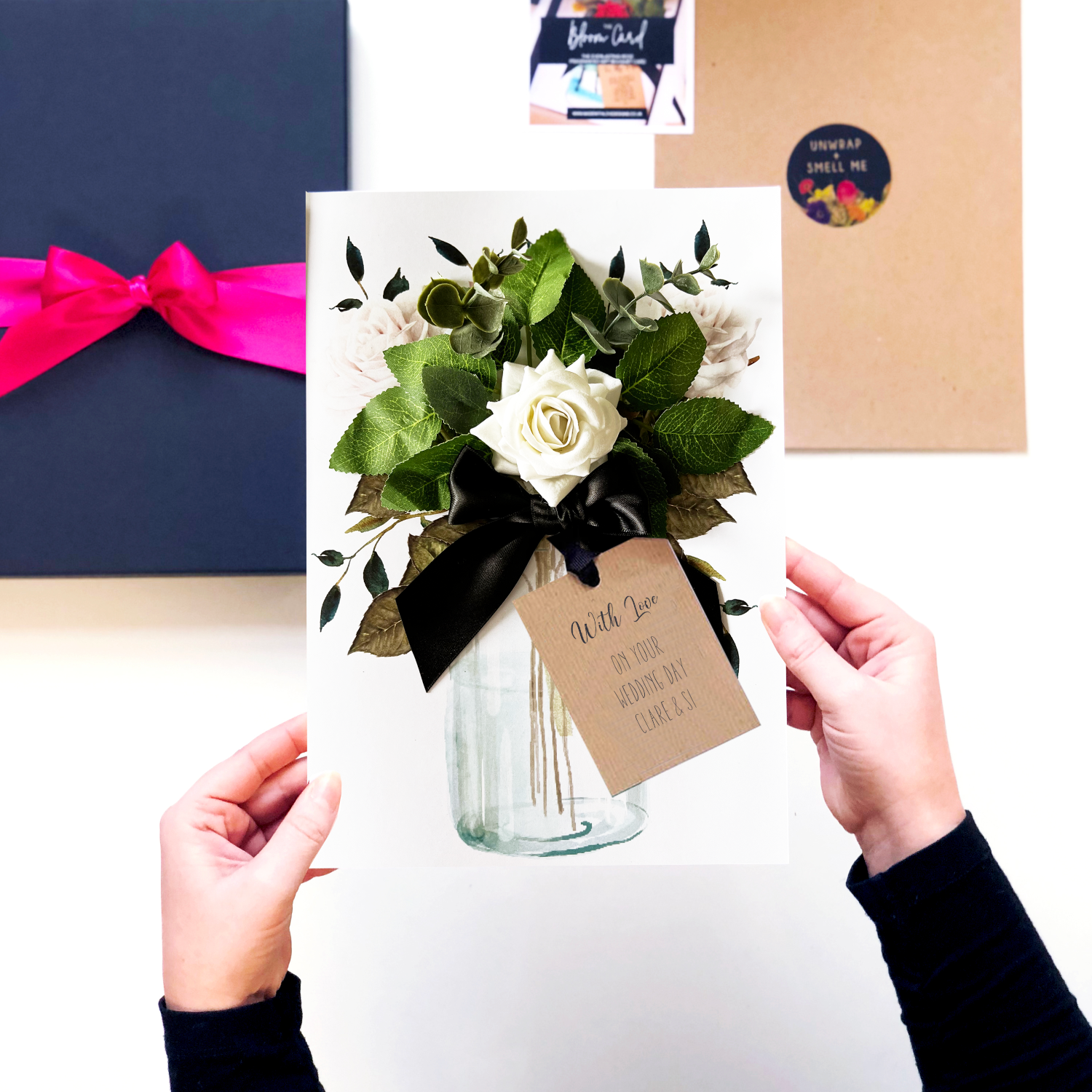 Luxury ivory personalised rose wedding card that smells of rose petals | The Luxe Co