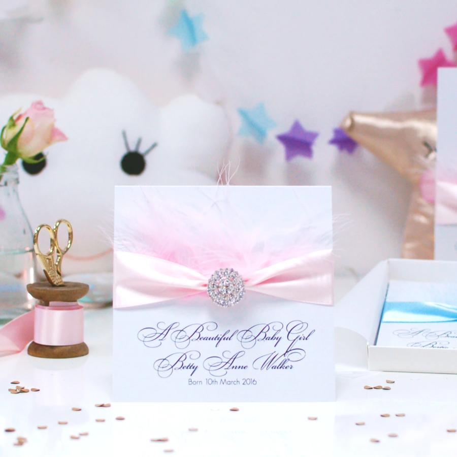 Baby Girl Fluffy Feather Personalised Baby Card