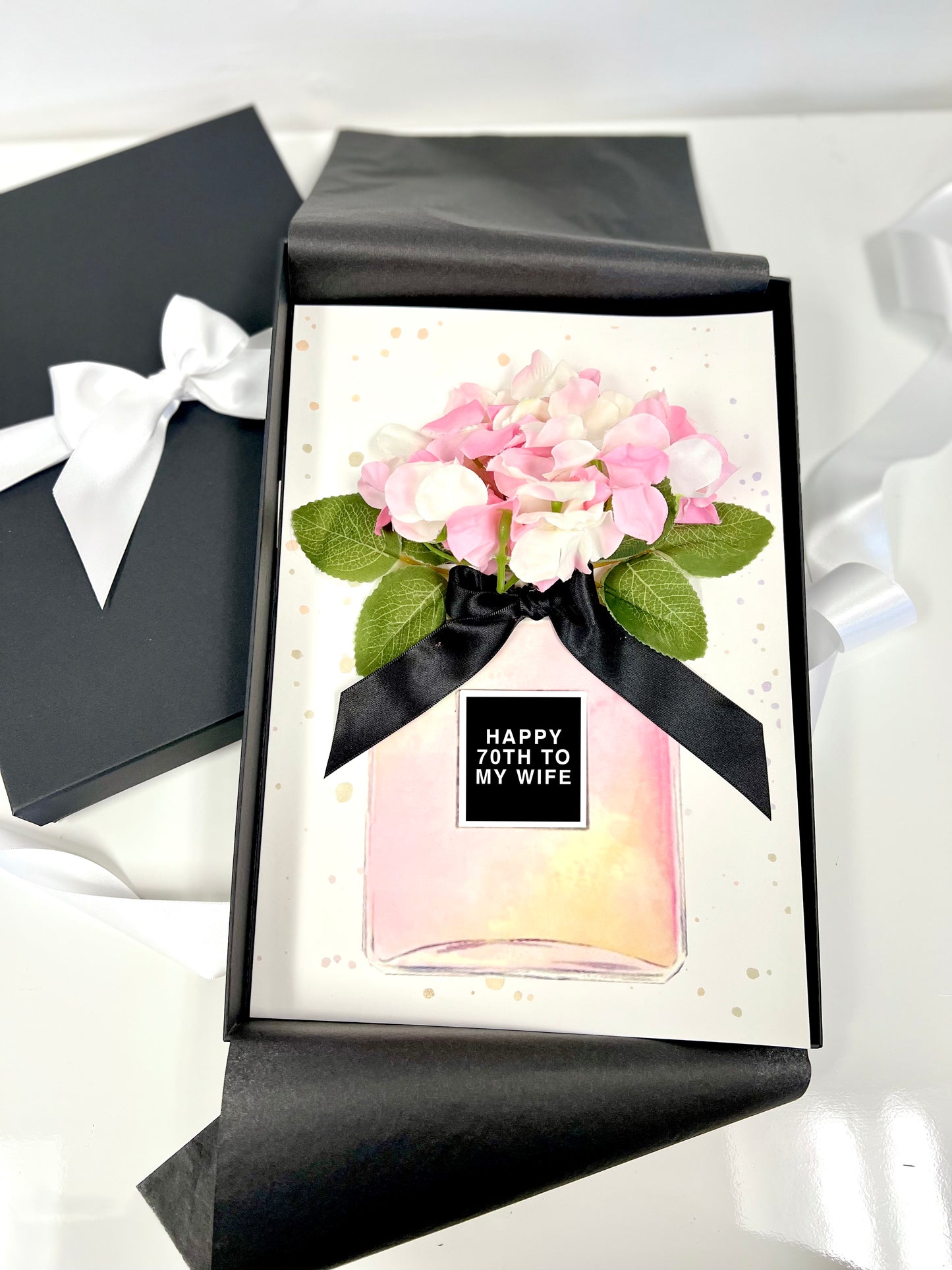 Personalised scented 70th birthday cards handmade with silk peony's for a 70th birthday | The Luxe Co
