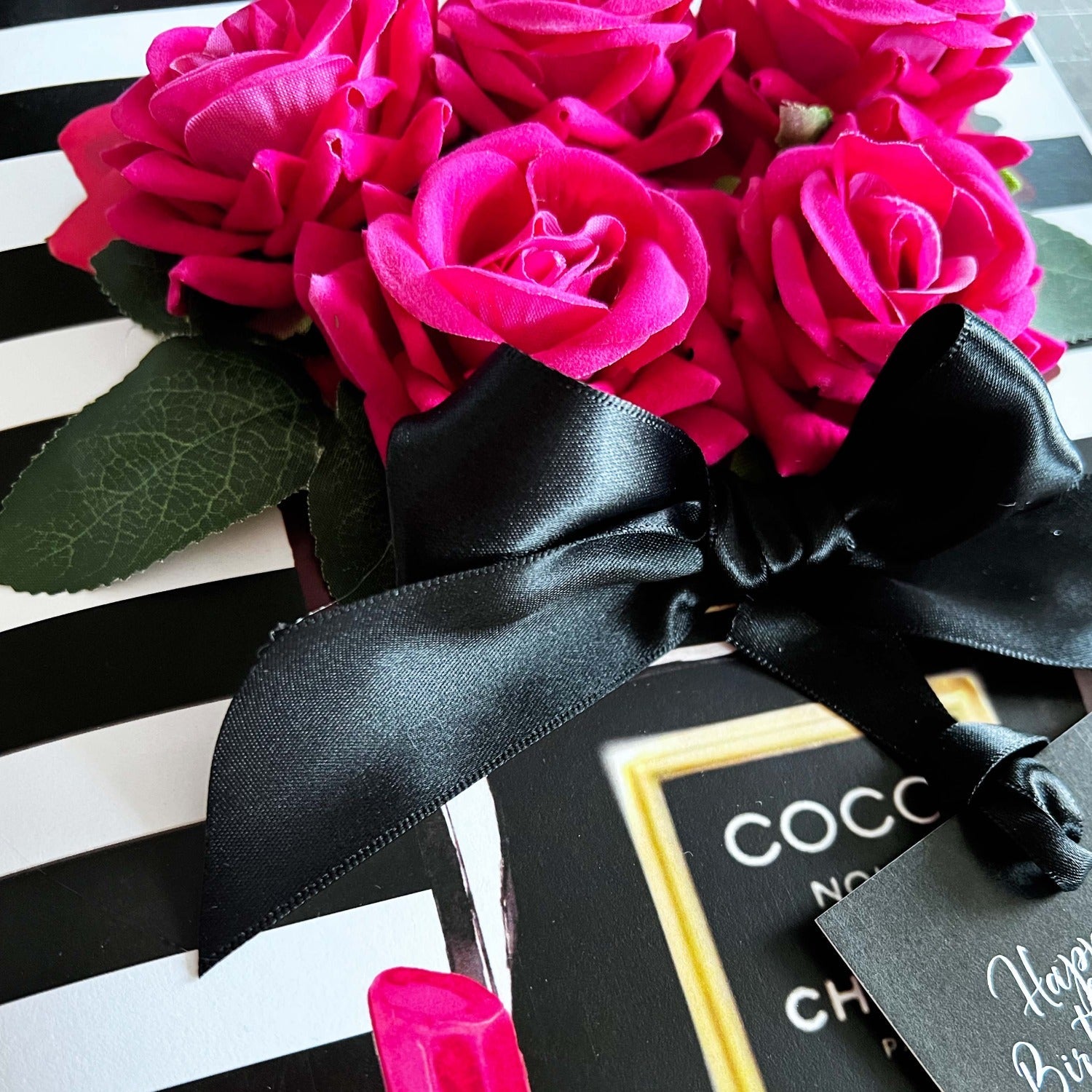 Luxury Mum personalised handmade cards with pink roses and pink lipstick and perfume bottle print