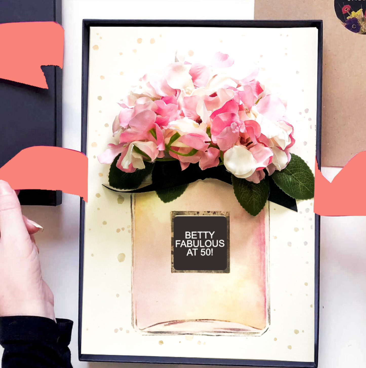 Personalised 50th birthday card coral ribbon silk hydrangea's scented in flower explosion | The worlds most Luxury cards by The Luxe Co