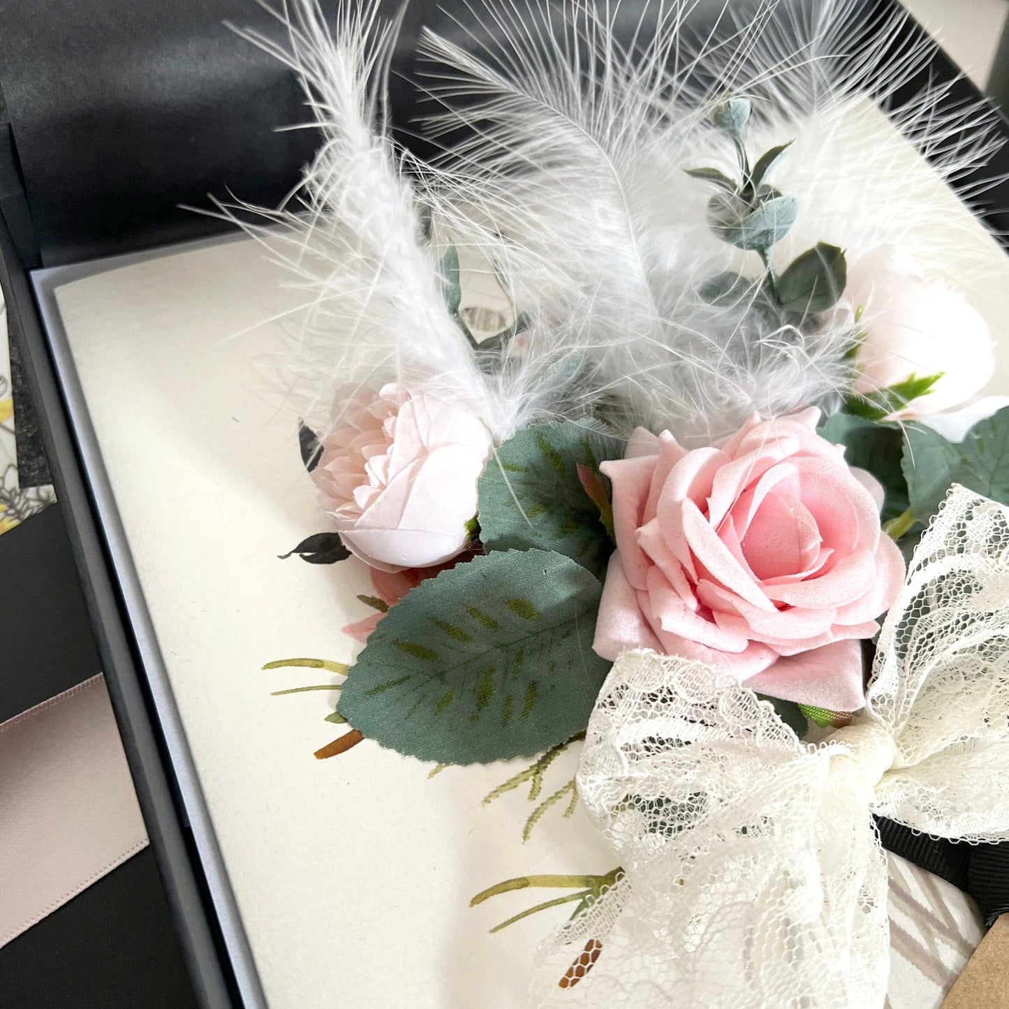 Lace rose feathers luxury personalised boxed card | The Luxe Co