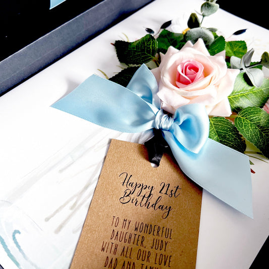 21st birthday cards daughter with blush rose bouquet scented and baby blue ribbon  | The Luxe Co