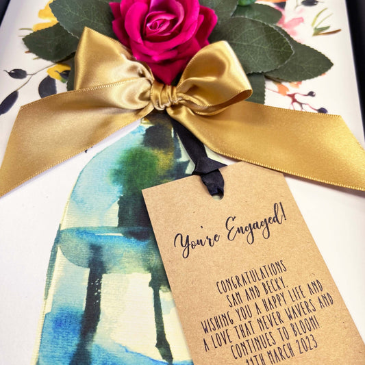 Luxury Bloom Engagement Card with hot pink handmade everlasting rose scented with rose. A luxury 3d bouquet engagement card