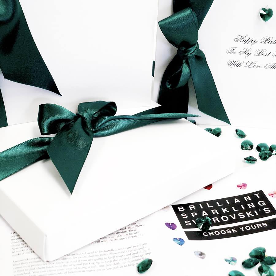Emerald Boxed Birthday Card with silky emerald green ribbon gift box