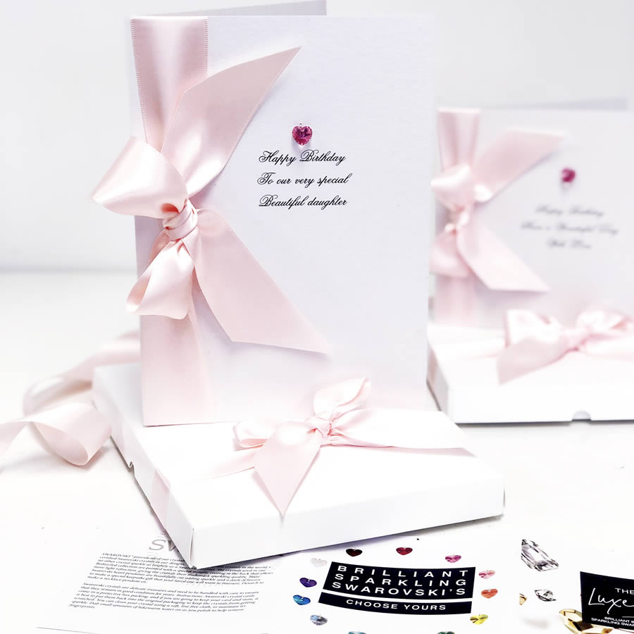Large pink birthday birthstone card for june birth stone handmade with real Swarovski Crystal and gift box for a gift with meaning