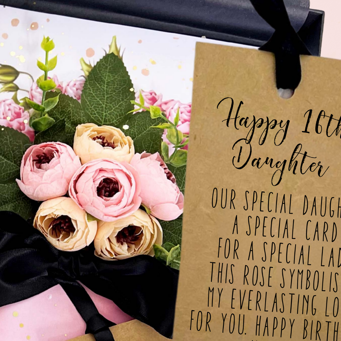 Luxury 16th Peony Birthday Card a Bouquet of flowers with a 'Happy 16th Daughter' card on a pink background