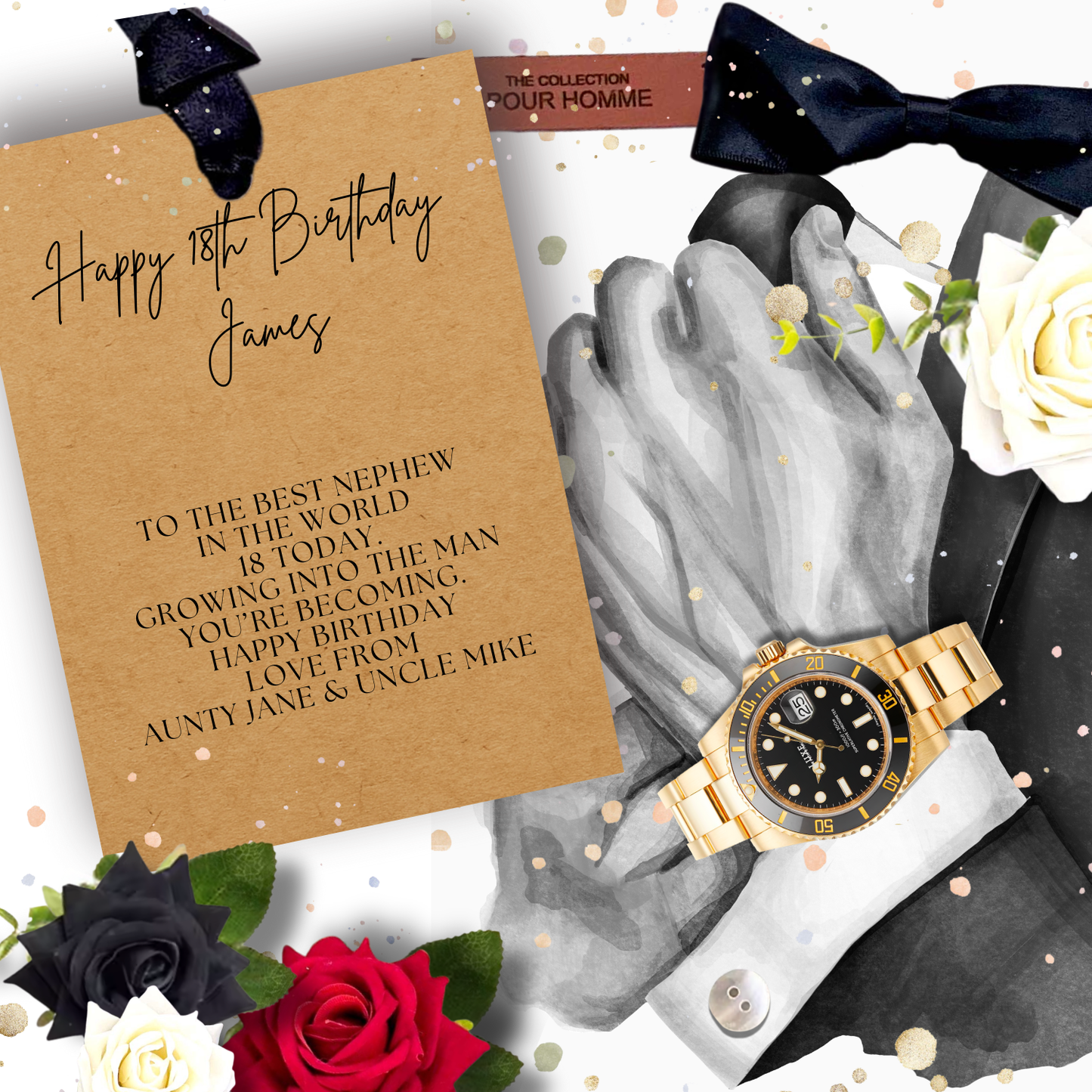 Luxury 18th Gold watch personalized birthday card for Nephew handmade and flowers on a decorative background with everlasting rose scented in cologne to make a truly special occasion for him, Dad, Granddad, Husband