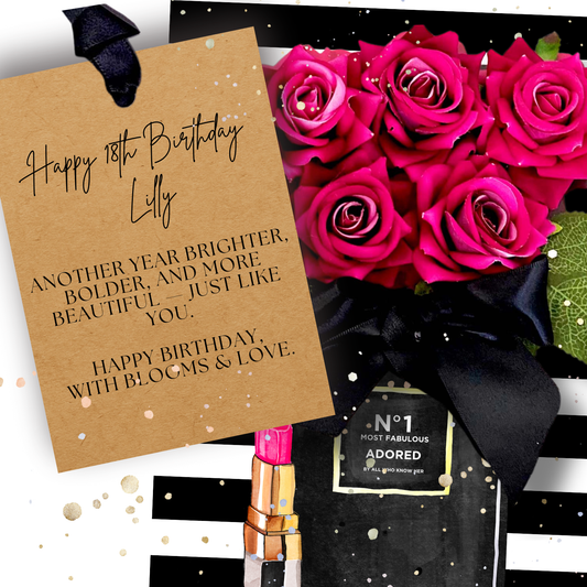 18th Birthday Bouquet of pink roses with a handmade luxury birthday card and lip gloss on a black and white striped background.
