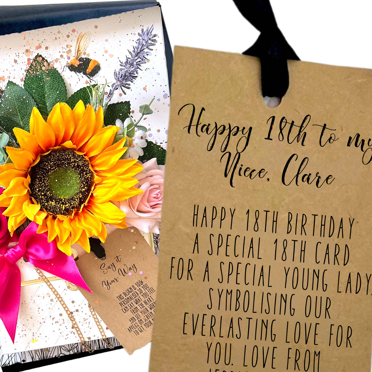 A close-up of a the momma bloom 18th birthday gift card featuring a personalised kraft card for 18th birthday to a special Niece alongside a decorative floral card with a large yellow sunflower, pink rose, lavender, and a bee illustration.