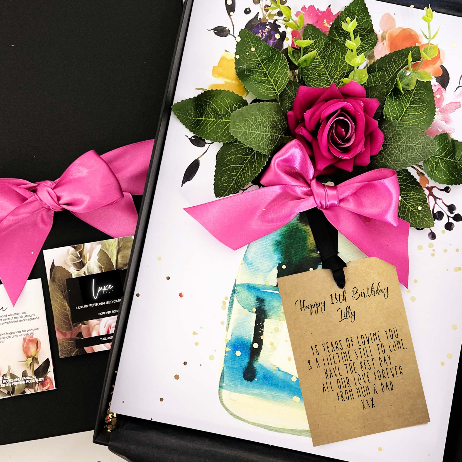 Luxury 18th birthday card hot pink rose handmade UK