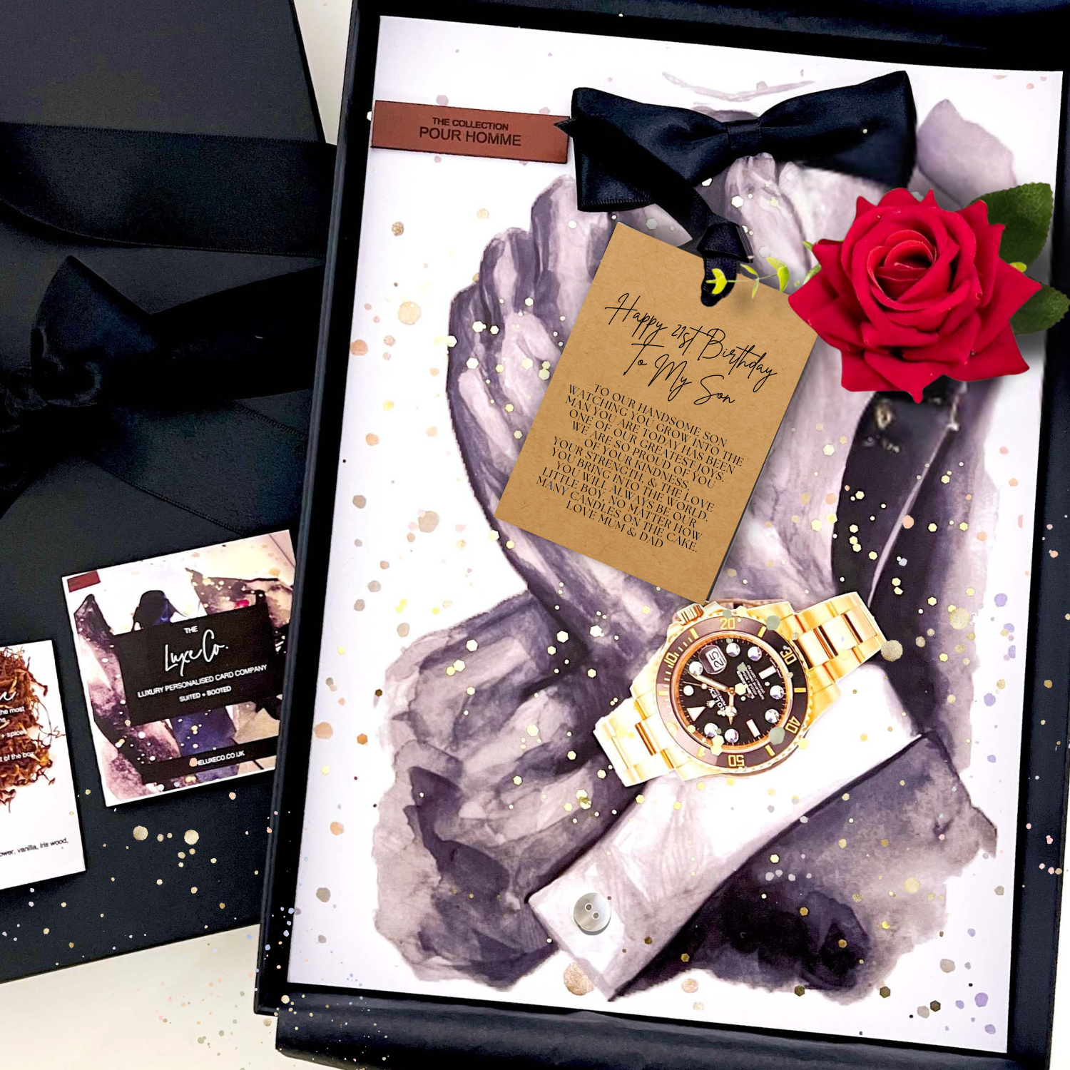 Luxury 16th Birthday card for Son Birthday handmade and personalised in watch design with 3d elements including everlasting red rose