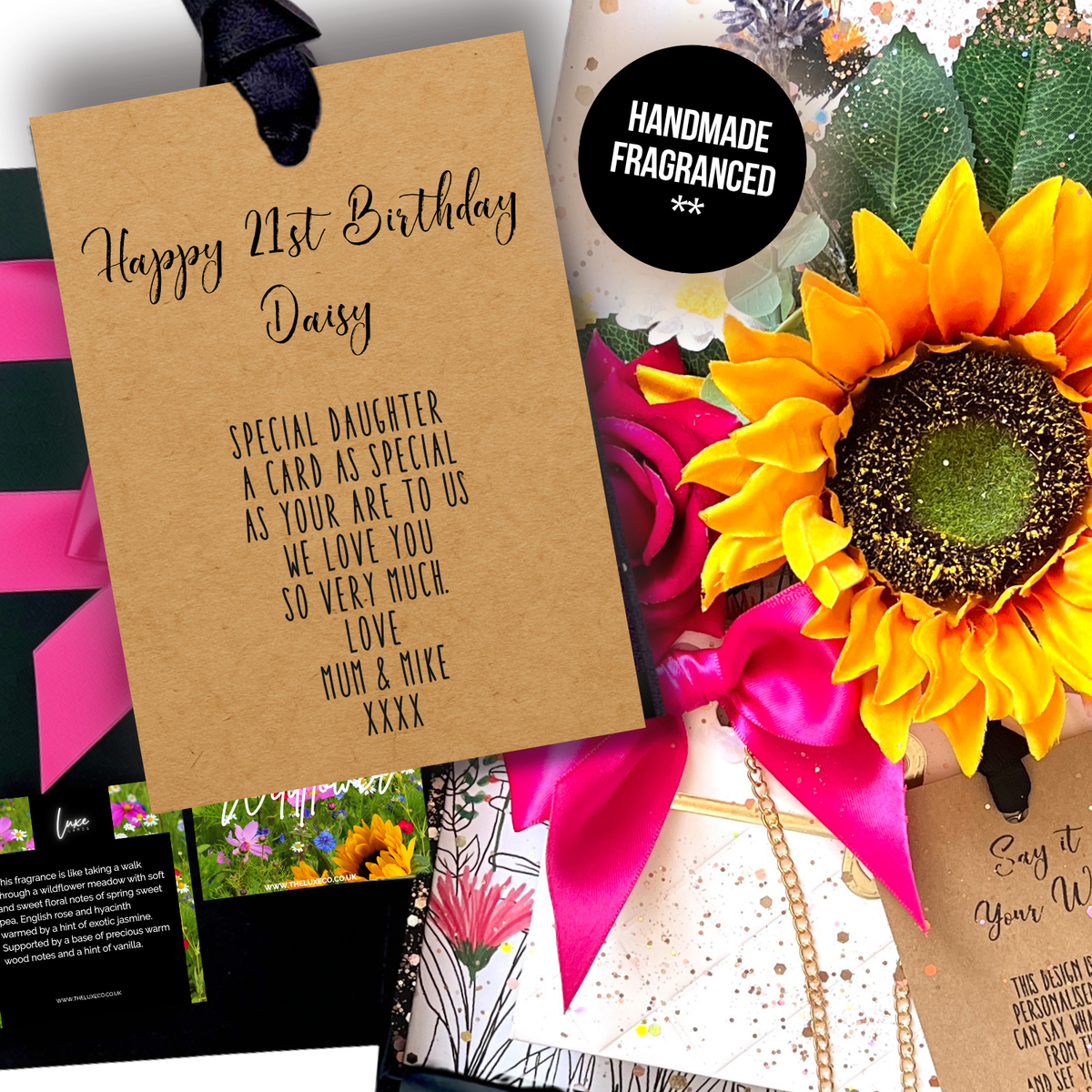 Momma Bloom Wildflower 21st Birthday Gift Boxed Card - A handmade daughter birthday card with bright pink ribbons, a silk yellow sunflower, green leaves, and handbag flower display fragranced in 'Wildflower' to wow the recipient as soon as they open it