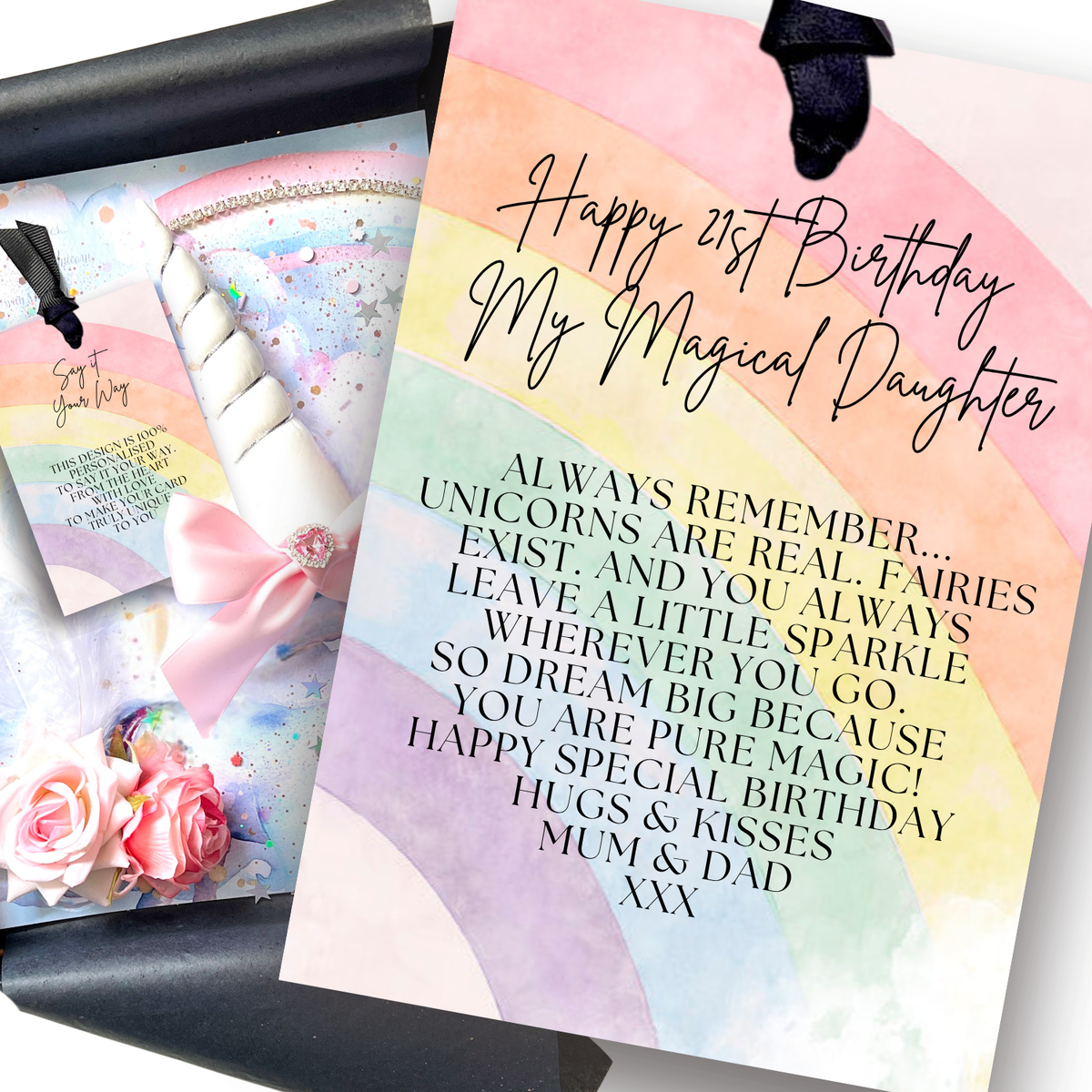A close-up of a luxury 21st pastel watercolor birthday card with black script and block text reading 'Happy 21st Birthday My Magical Daughter' and a poem about unicorns and fairies, handmade with silk flowers, 3d horn, ribbons and crystals