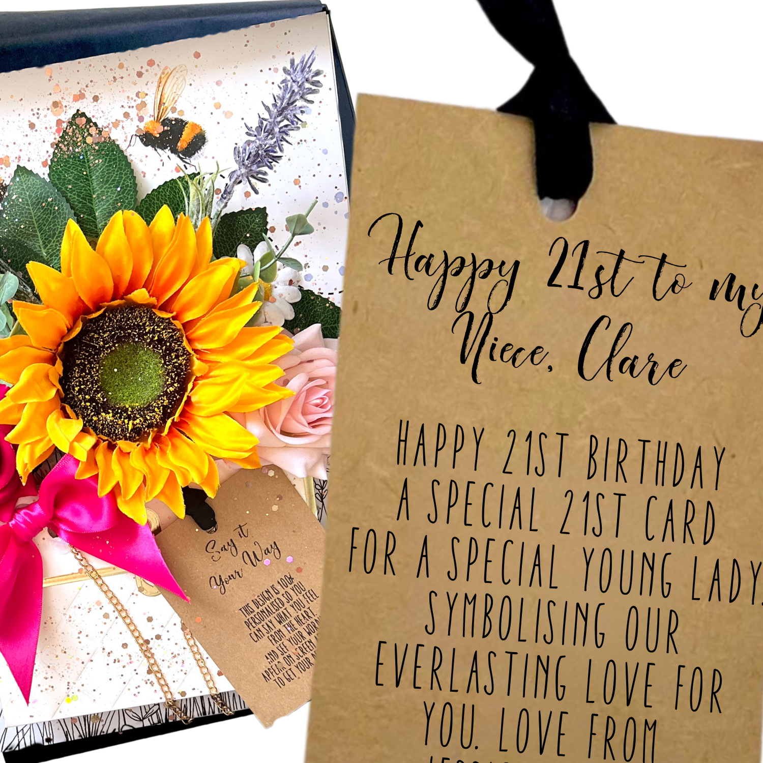 Momma Bloom Wildflower Niece 21st Birthday Card - A handmade Nieces birthday card with bright pink ribbons, a silk yellow sunflower, green leaves, and handbag flower display fragranced in 'Wildflower' to wow the recipient as soon as they open it
