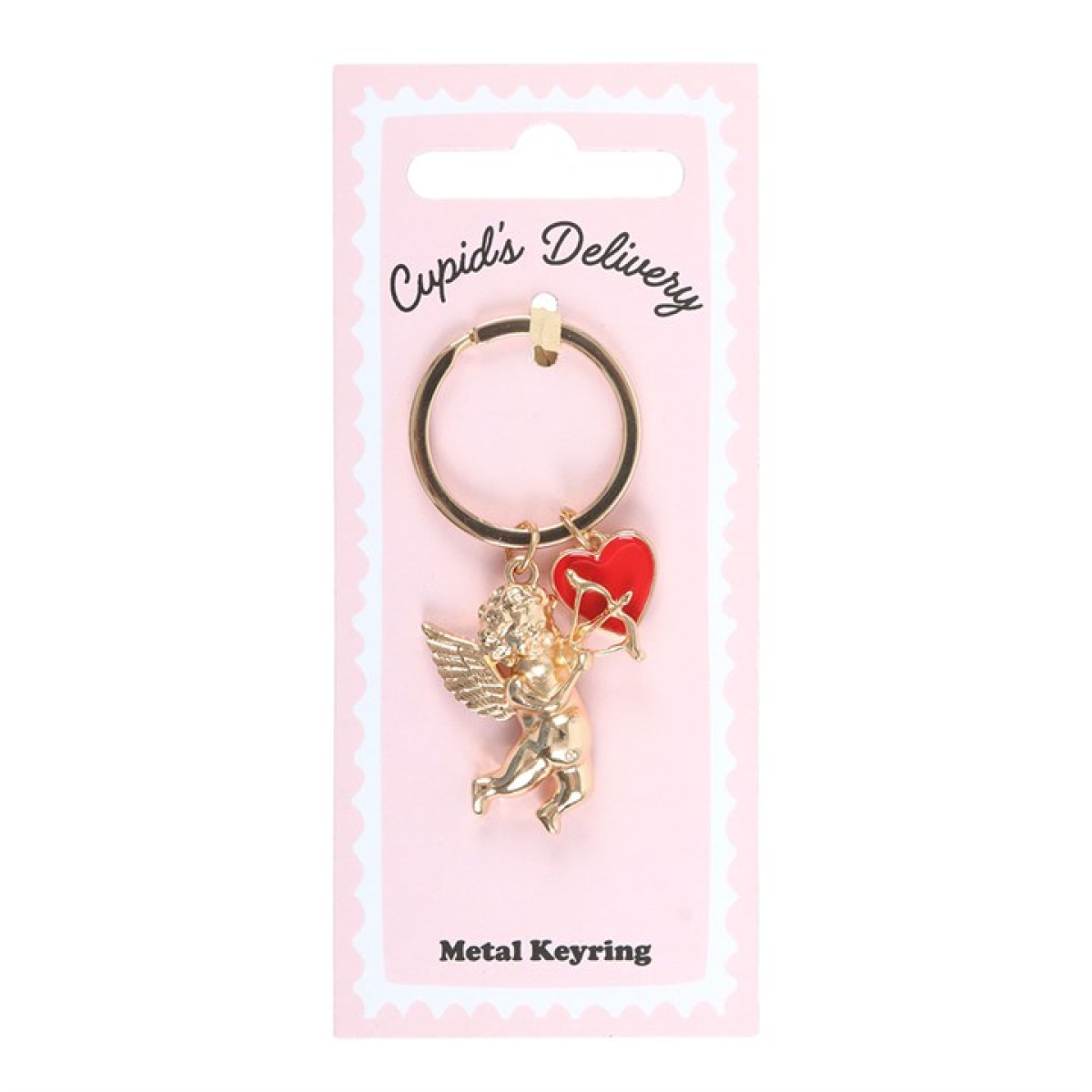 Metal keyring with angel and heart charm on a pink card with 'Cupid's Delivery' text.