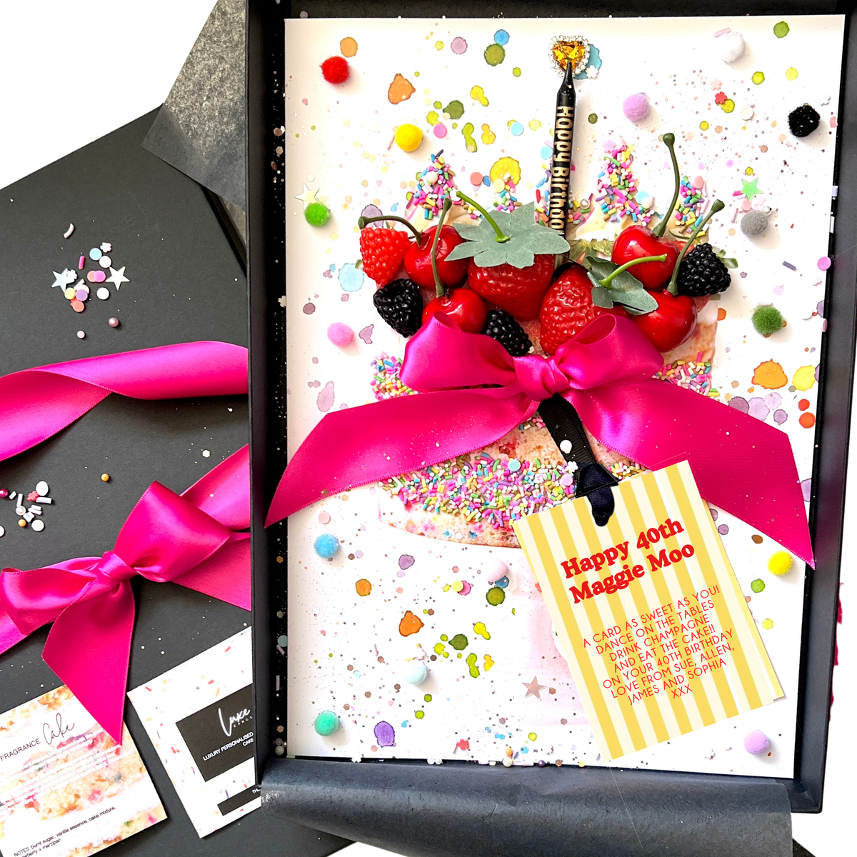 Luxury Personalised Scented Cake 40th Birthday Keepsake Card by Luxe Cards - Worlds most luxurious handmade cards England